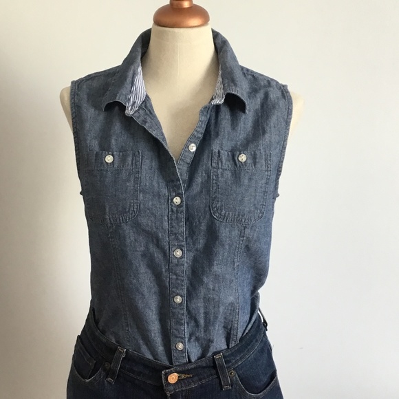 Karen Scott  Blue Denim Sleeveless Button Down Top - Picture 1 of 9